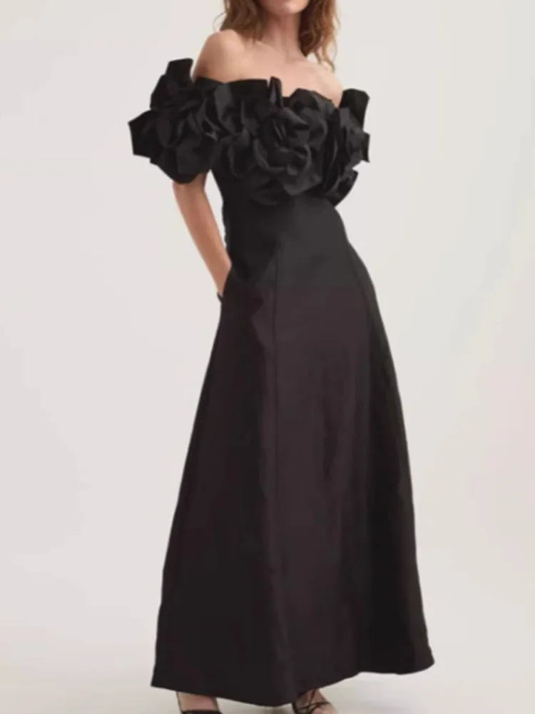 LISM moda mujer vestido de noche sin tirantes patchwork 3D flor color sólido elegante vestidos de fiesta 2024 otoño nuevo