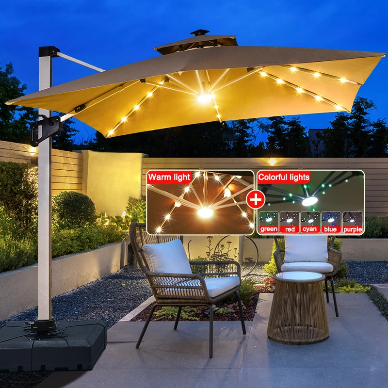 

New Hot Selling Commercial Colorful LED Light Patio Garden Umbrella With Base For Outdoor Beach Pool Restaurant
