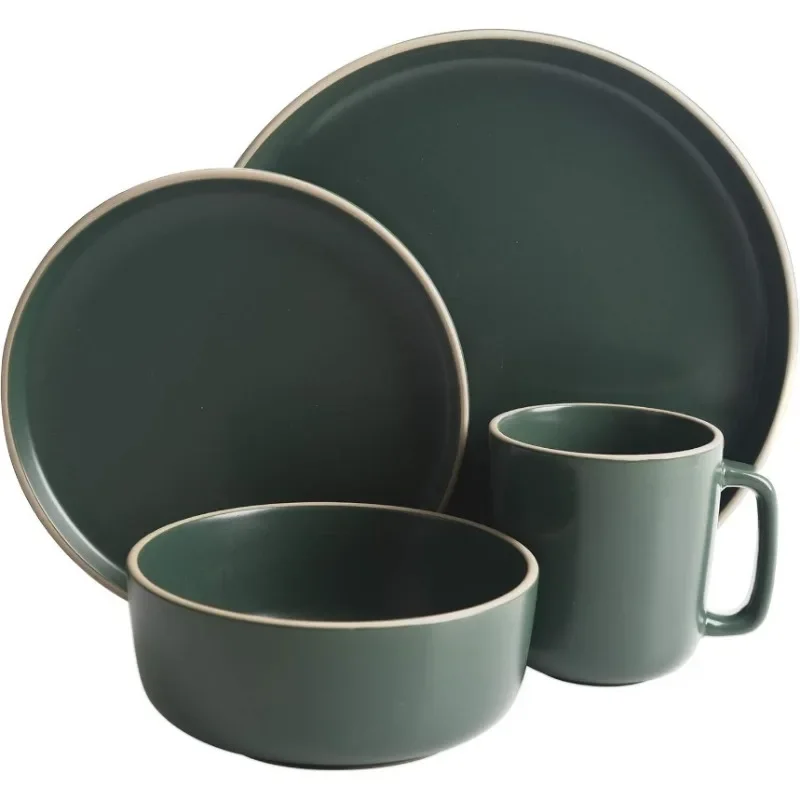 Zuma 16 Piece Round Kitchen Dinnerware Set, Dishes, Plates, Bowls, Mugs, Service for 4, Matte Stoneware, Green