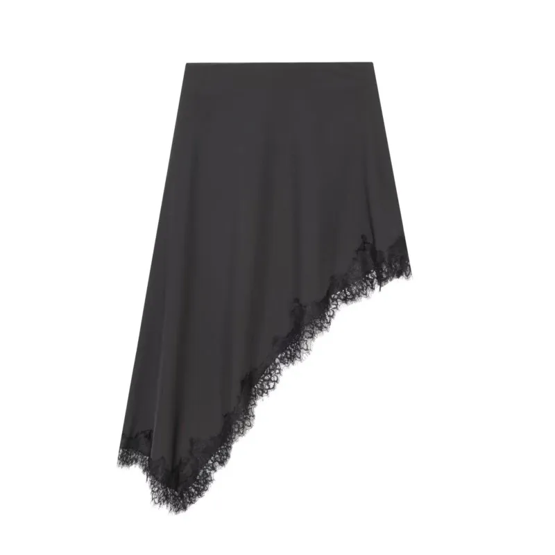 Frauen Asymmetrische Spitze Rock Herbst Neue Mittlere Taille Spitze Trim Seite Zipper Gemischt Mini Rock Dame Mode Kurze Röcke