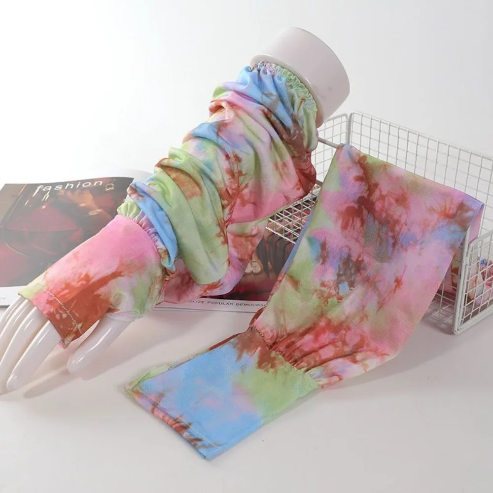 

Tie Dyeing Long Ice Silk Sleeves Sun Protection High Elastic Sunscreen Arm Covers Ice Sleeves UV Insulation Cycling Gloves Women