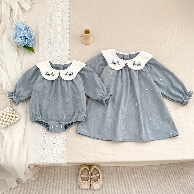 

Girls Dresses Cotton Long Sleeve Baby Princess Dress Floral Embroidery Collar Toddler Fall Spring Romper 0-8 Years Korean Style