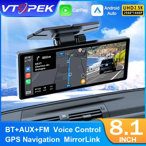 Vtopek 8,1 pulgadas 2,5 K cámara de salpicadero inalámbrica Carplay Android Auto coche DVR WiFi GPS navegación cámara de visión trasera salpicadero grabadora de vídeo