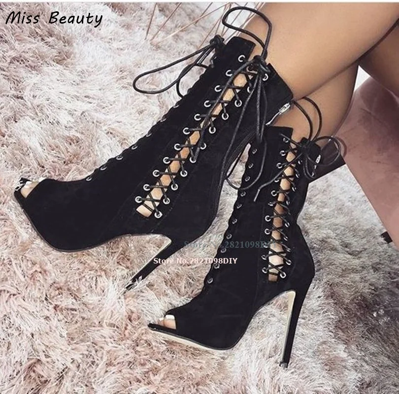 Black Suede Leather Lace Up Strap Cut Out Open Toe High Heel Sandal Boot Women Sexy Hollow Out Peep Toe Short Boot