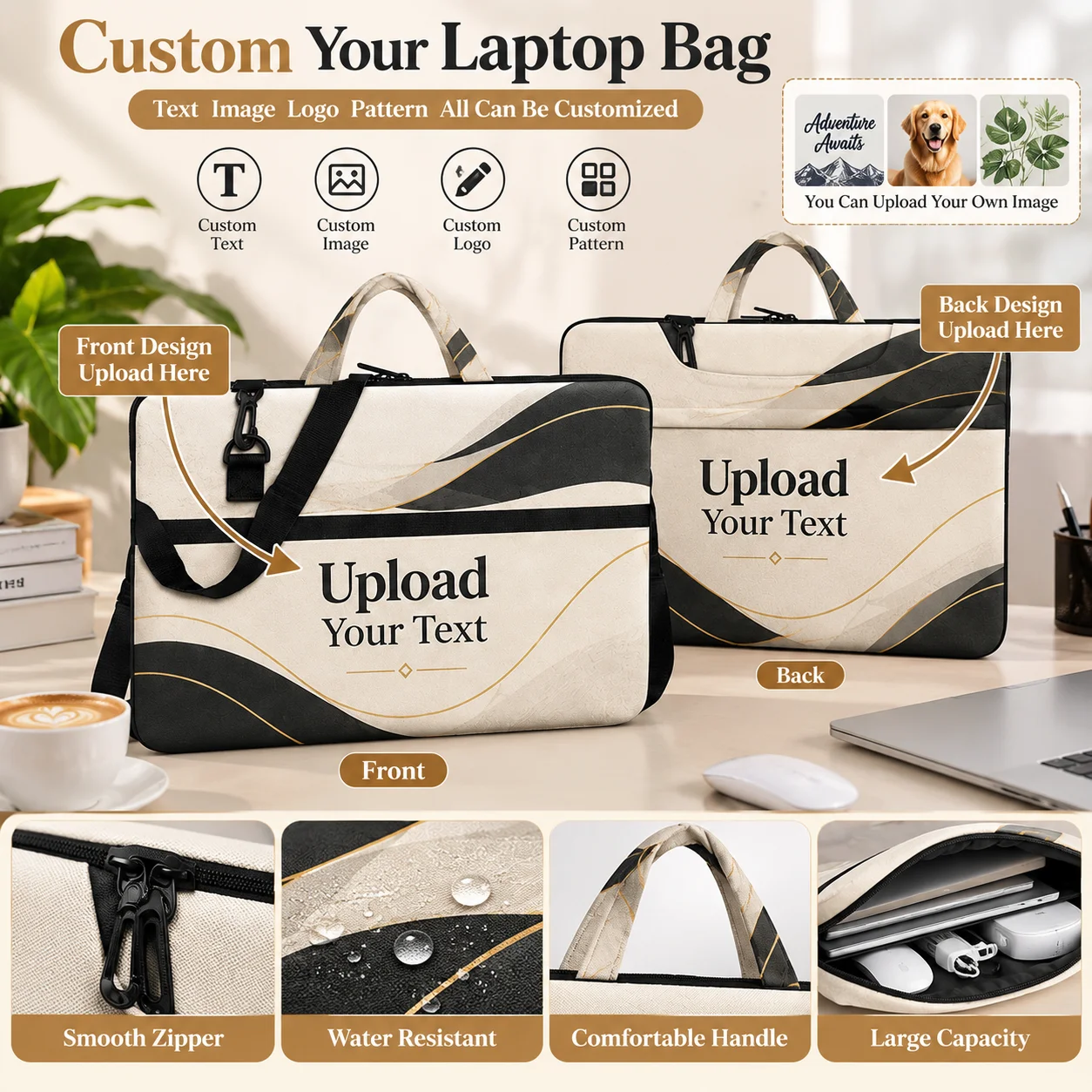 Custom Multifunctional Laptop Bag Personalized Polyester Laptop Bag Custom Text Photo Print Business Office Travel Carry Case