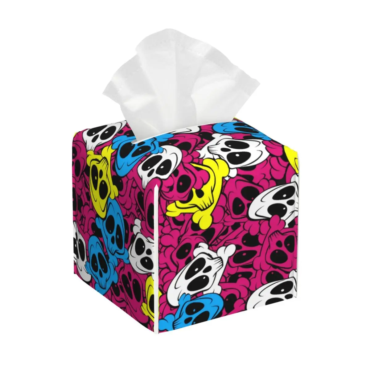 

Custom Scary Skull Skeleton Tissue Box Holder Square Halloween Goth PU Leather Facial Tissue Box Cover for Car Bathroom