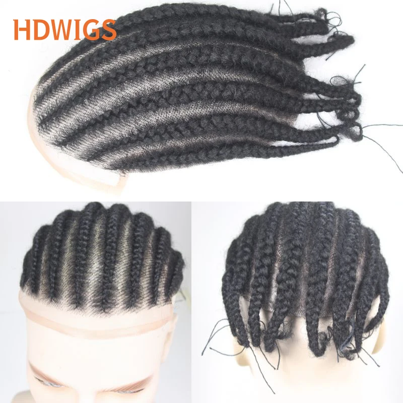 

Cornrow Afro Полный кружевной мужской капиллярный протез Вьющийся плетение парик Система человеческих волос Полный швейцарский кружевной парик из человеческих волос Топпер