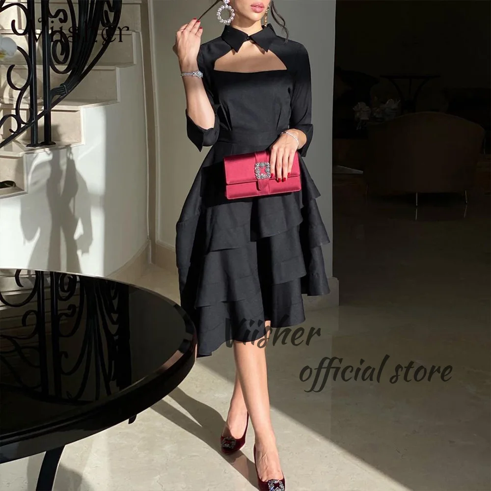 

Viisher Black Mermaid Evening Dresses 3/4 Sleeve Pleats Satin Tea Length Formal Prom Dress Dubai Arabia Evening Gowns