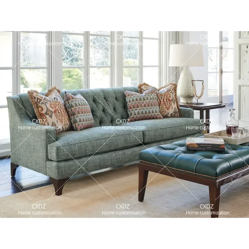 Modern Simple 3 Seater Fabric Sofa with Leather Accents Tufted Design for Living Room Customizable Comfortable Couch