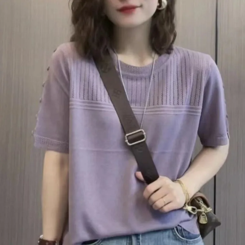 Women's Summer New Simple Commuting Solid Color Loose Pullover Round Neck Hollow Button Knitted Short Sleeve T-shirt Bottom Tops