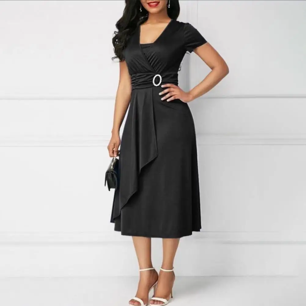 Robe de cocktail pour femmes, tenue de soirée décontractée, col en v, manches courtes, taille serrée, slim