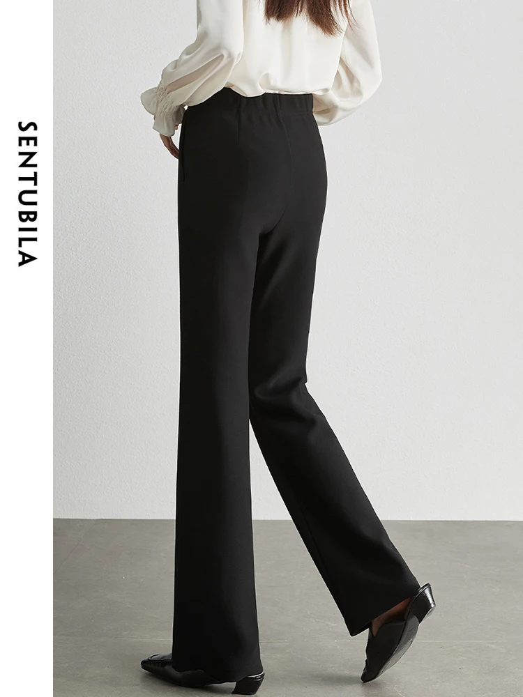 SENTUBILA Black Full Length Flared Pants 2024 Autumn Winter Elastic Waist Flare Pant Straight Casual Trousers Woman 134K52218