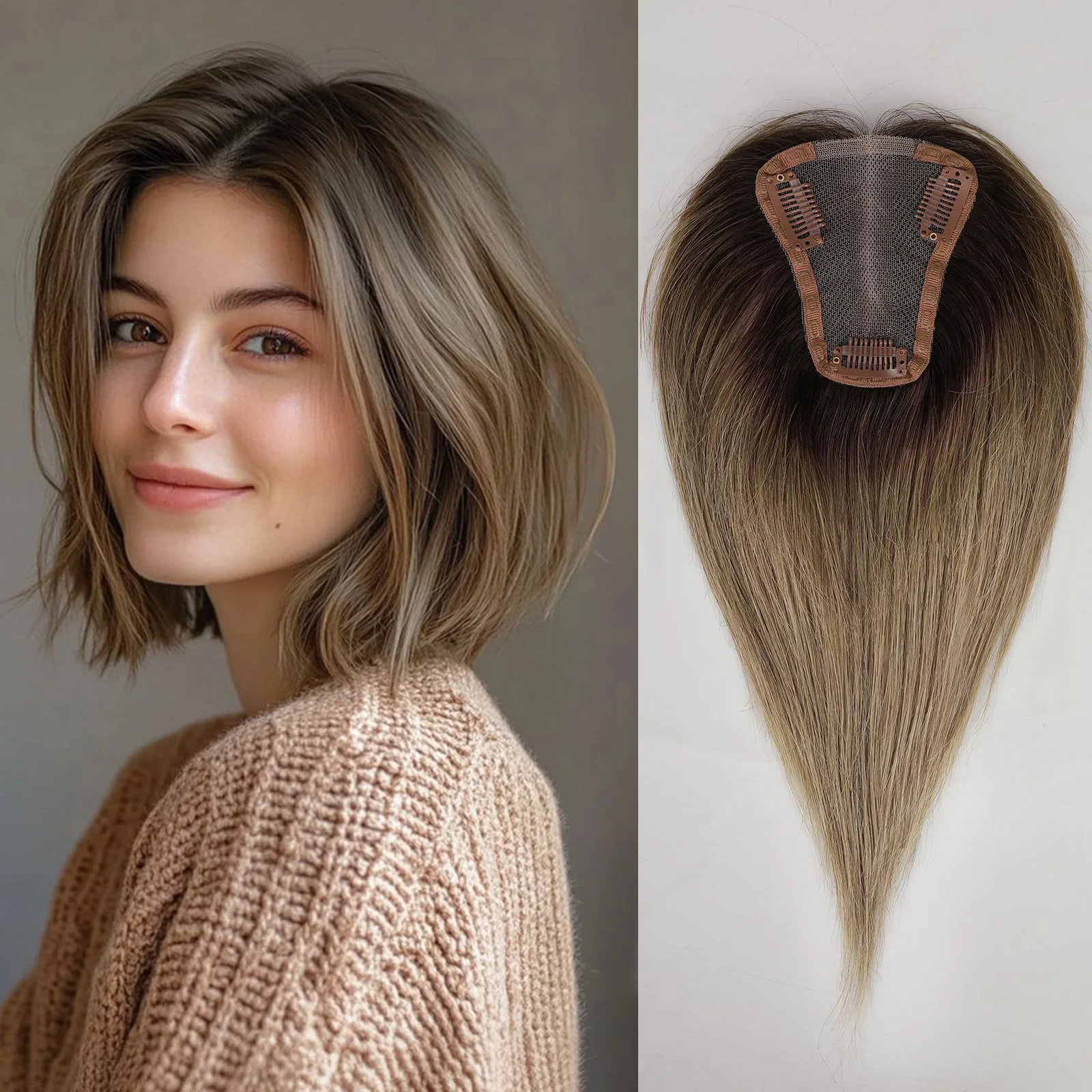 

100% человеческие волосы, коричневые шиньоны с эффектом омбре, средняя часть, женский топпер для волос с кружевной основой, зажим для наращивания волос, натуральный