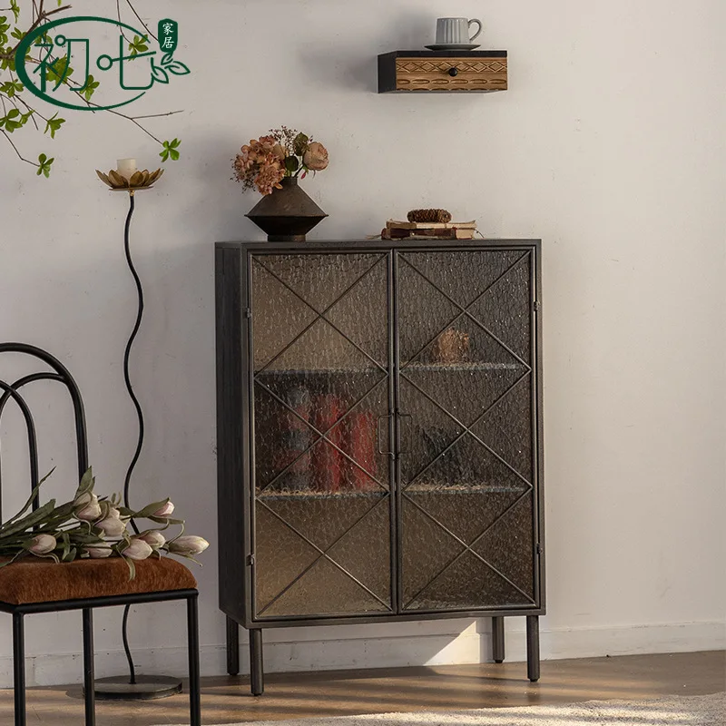 Water ripple glass combination locker antique black high-end household wall side cabinet hotel decorative tea cabinet
