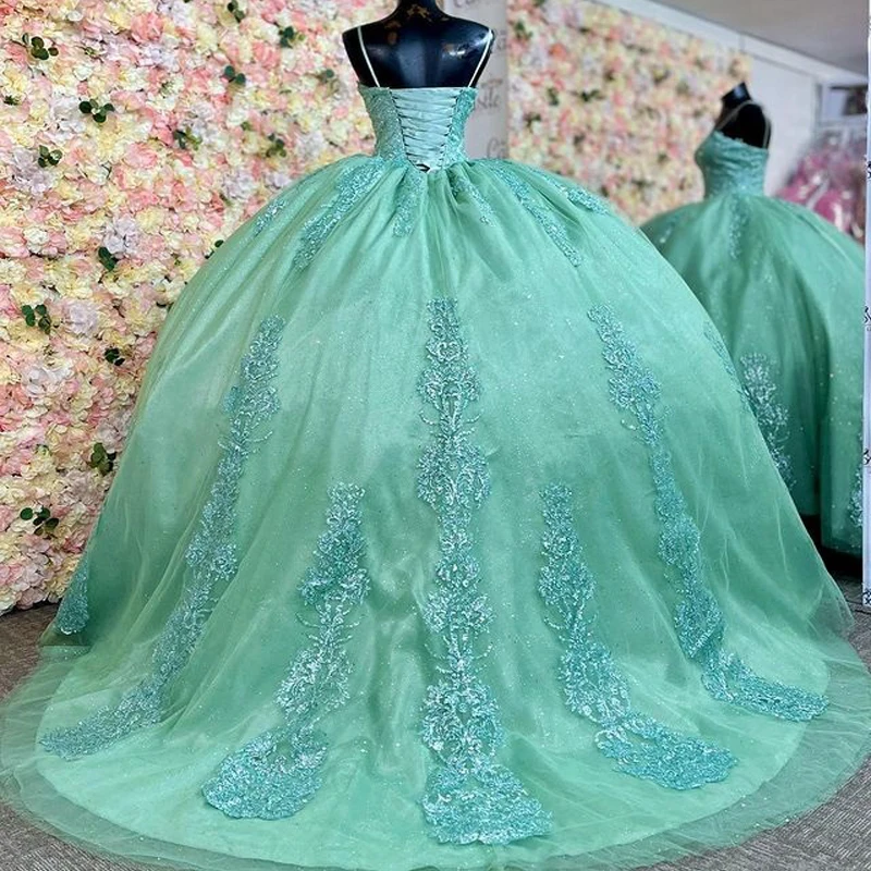 Echte Bilder mexikanische Türkis Quince anera Kleider Tüll Applikationen Spitze Prinzessin süße 16 Kleider Abschluss ball Abschluss kleid