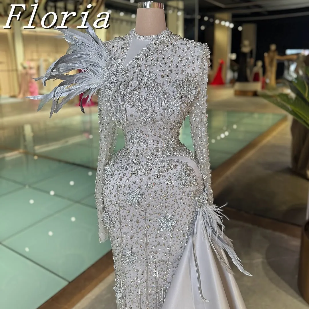 

Saudi Arabic Middle East Elegant Long Sleeve Crystal Beaded Evening Dress Classic A-Line Floor Length Party Gown for Women