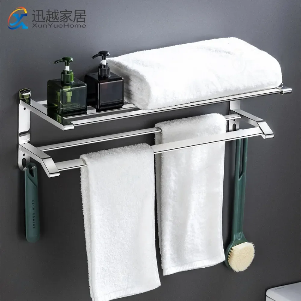 

Towel Racks Clothes Hanger Silver 304 Stainless Steel Double Bar Hook Holder Bath Shelves For Home Hotel Bathroom Acessories