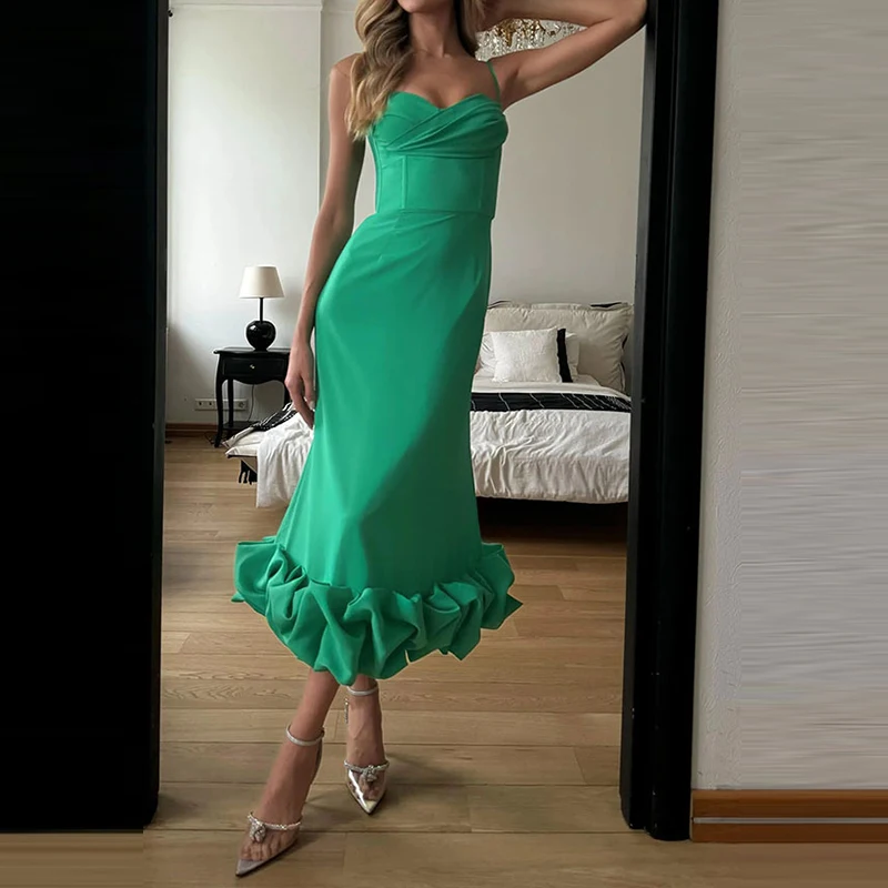 Women Sexy Suspender Sleeveless Hollow Boho Maxi Dress Spring Elegant Solid Ruffles Party Dress Trendy Casual Bodycon Long Dress