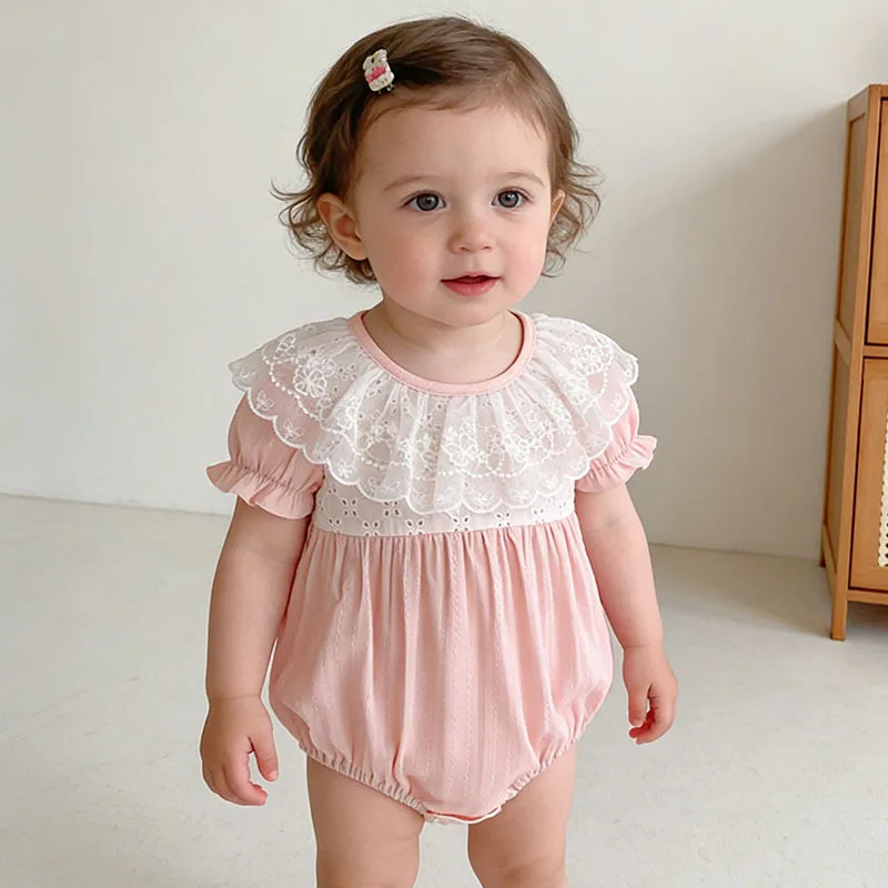 Girls Onesie 2026 Spring and Summer New Childrens Clothes Korean Style Baby Sweet Lace Collar Splicing Princess Onesie