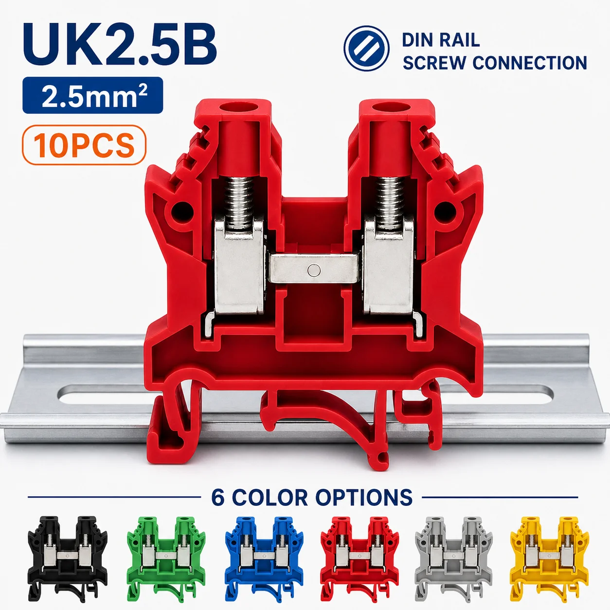 10PCS UK2.5B DIN Rail Terminal Block 2.5mm² Screw Feed Through Wire Connector for Electrical Control Panel 6 Color Options