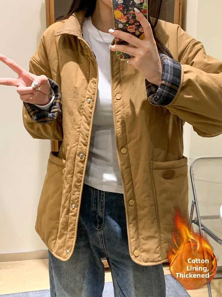 

Retro Japanese Sle Women's down Cotton Jaet with Large kets Loose Fit Collar Coat Thiened Long Sve Winter Ou...