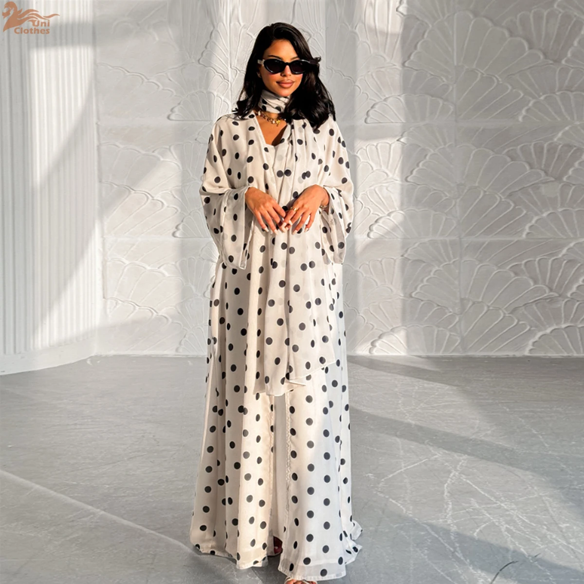 2026 سترة إسلامية طويلة منقطة عباية مفتوحة مع حجاب ملابس إسلامية فستان نسائي إسلامي عباية عيد رمضان