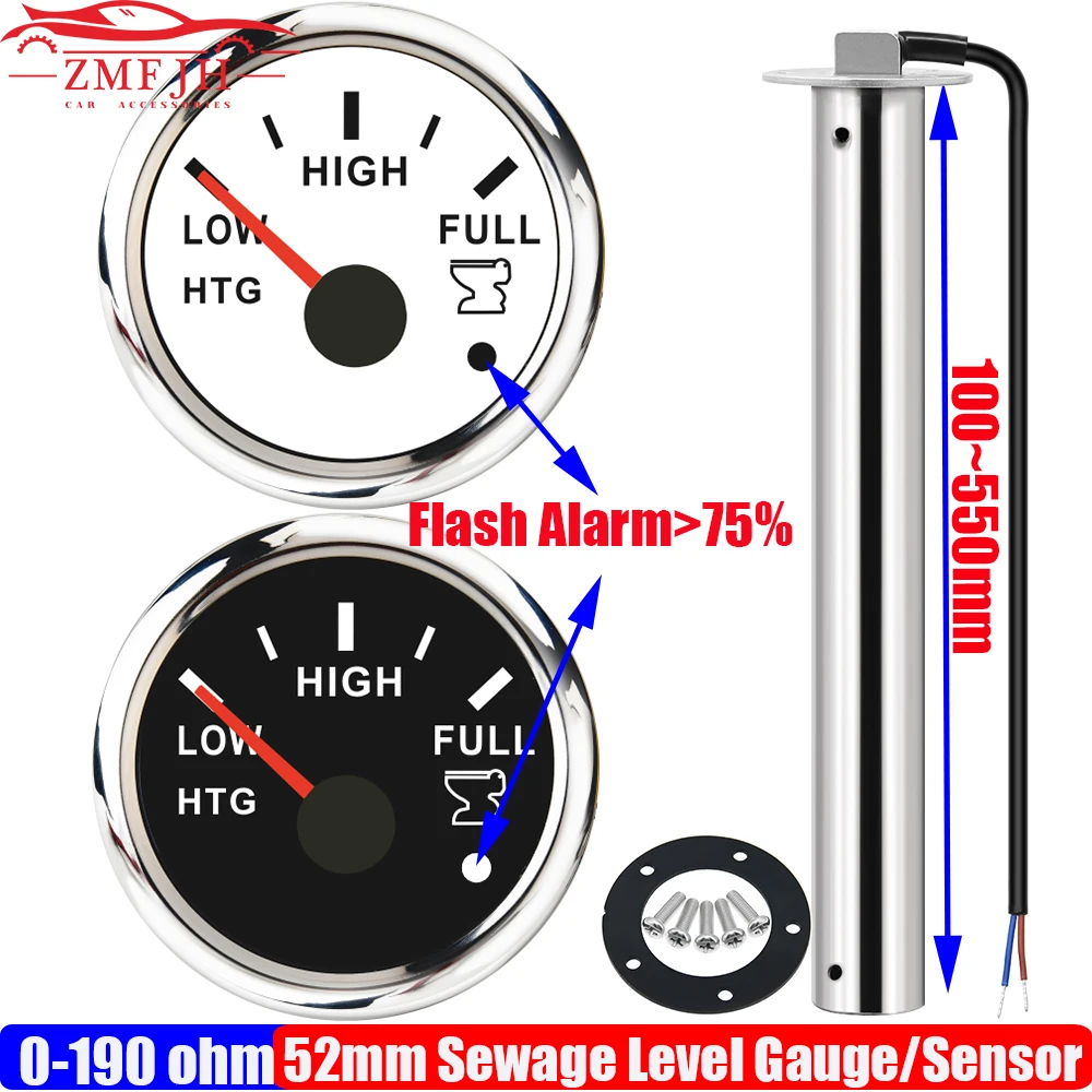 0-190ohm 52mm Holding Tank Gauge with Flash Alarm 150~550mm Sewage Level Sensor HTG Waste Level Meter Waterproof Car Boat Zmfjh