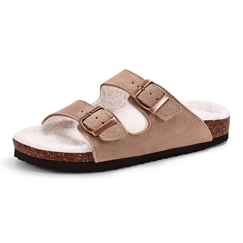 Gacimy Women's Cork Fur Clogs – Double Buckle, Indoor/Outdoor Slides With Fleece Lining_voghion.com