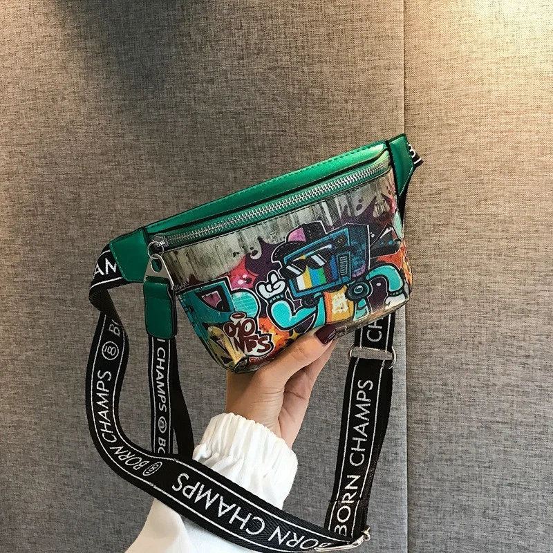 

Cartoon Graffiti Painting PU Leather Fanny Pack For Women Hip hop Style Waist Bag Female Waist Pack Ladies Crossbody Chest Bag