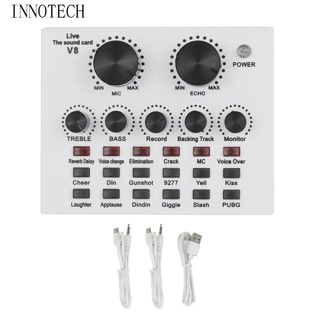 

Аудиомикшер V8 Звуковая карта Караоке Запись Профессиональный микрофон Звуковая карта Черно-белая внешняя звуковая карта ПК Компьютер