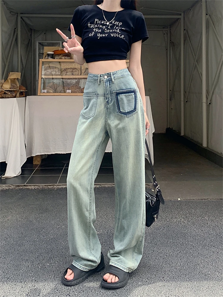 

Spliced Women's Wide Jeans Women Pants High Waist Korean Fashion Woman Clothing Straight Leg Jeans Denim Trousers Y2k 2023 Trend