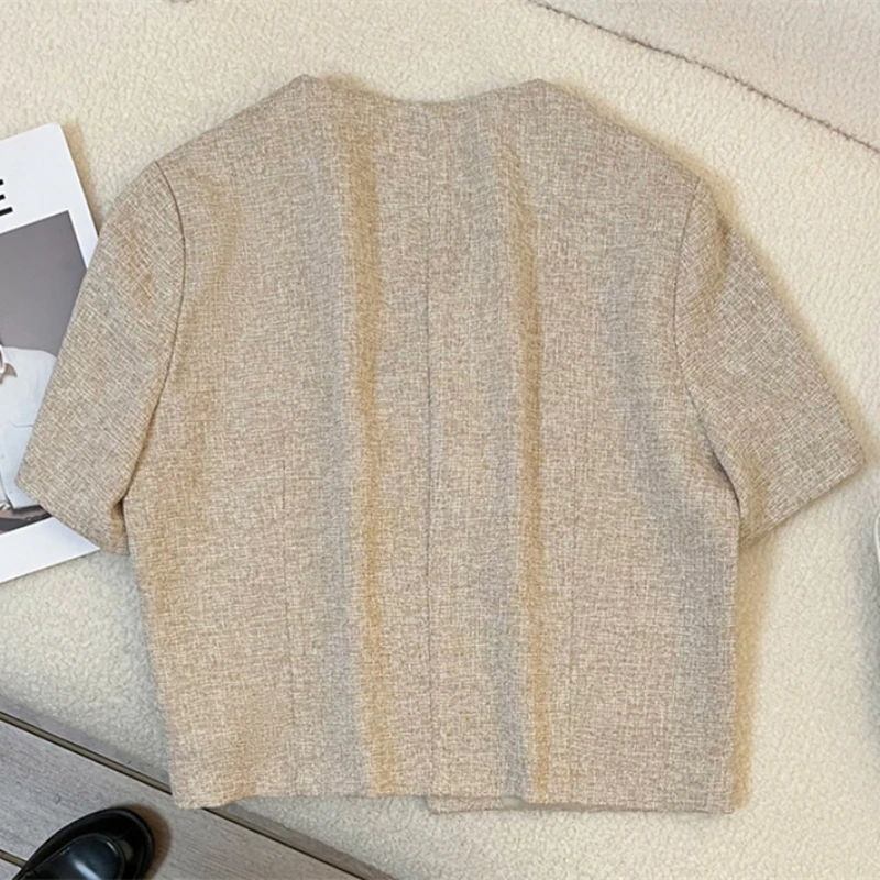 2025 ฤดูร้อนใหม่สุภาพสตรีสั้นเสื้อกาแฟแขนสั้นเสื้อสูทขนาดเล็กหญิงบางสบายๆผู้หญิง Blazer Tops