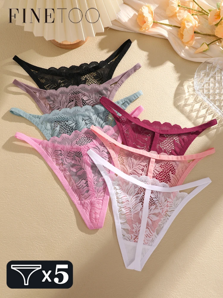 5Pcs Hollow Out Leaf Print Thongs Transparent Women\'s Panties Sexy Lace G String Solid Underwear Female Thin Low Waist Lingerie