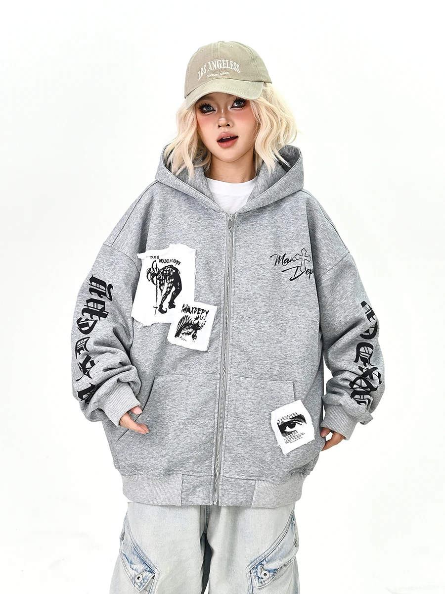 

Готический кардиган-худи с буквенным пэчворком, женская свободная верхняя одежда в стиле BF, модная новинка Весна 2026, уличный стиль, длинный рукав