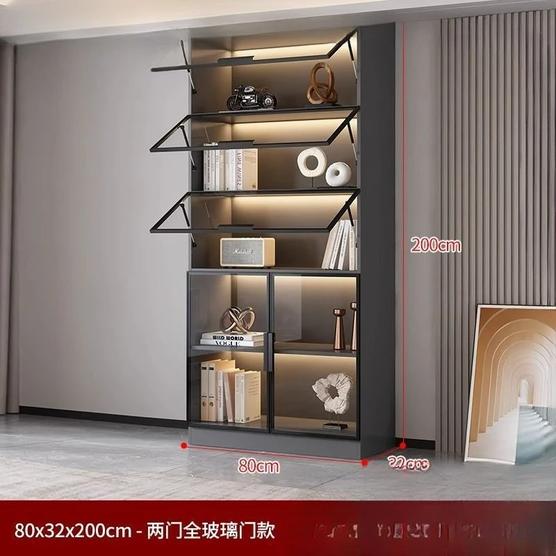 خزانة كتب ذات باب مقلوب مع ضوء عرض باب زجاجي لغرفة المعيشة المنزلية الفاخرة مدمجة بجدار كامل إلى رف الكتب العلوي Foshan