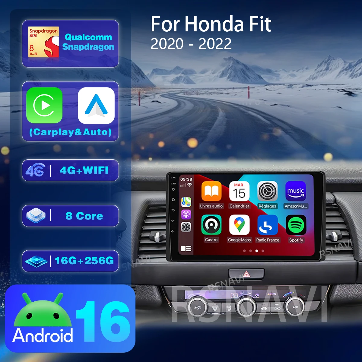 RSNAVI Android 16 For Honda Jazz 4 2020 - 2021 Carplay Auto Multimedia Player Autoradio GPS Plug and Play WIFI+4G App Control