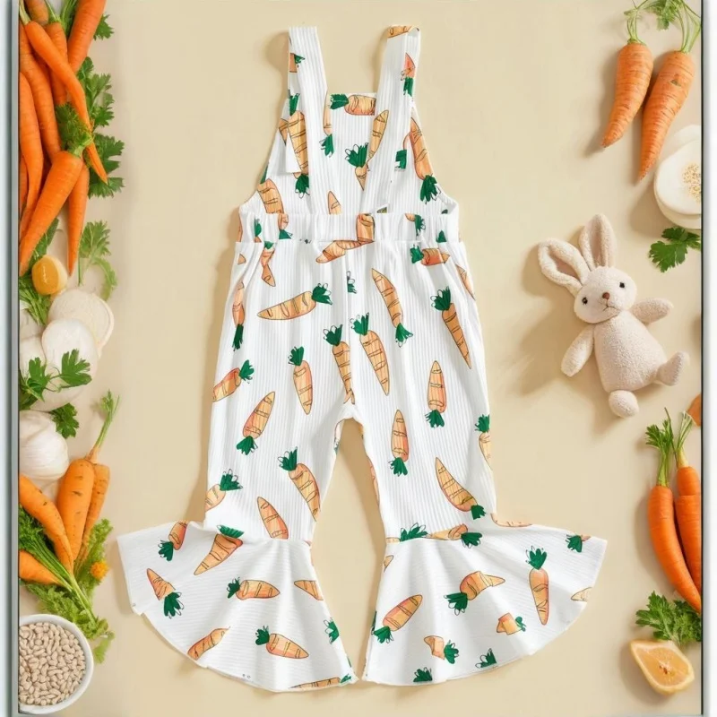 Toddler Girls Easter Jumpsuit Infant Clothes Carrot Pattern Sleeveless Flare Pants Bell Bottoms Baby Girls Romper Streetwear