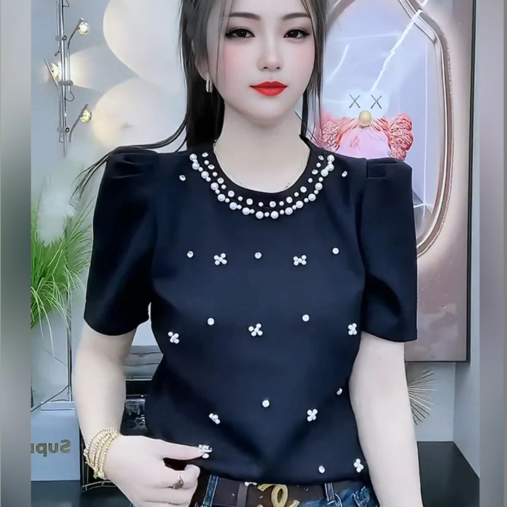 Korean Style Pearls Black Tees 2024 Summer Fashion Bubble Sleeve Cotton T-shirt Women Beading Diamonds O-Neck White Slim Tops