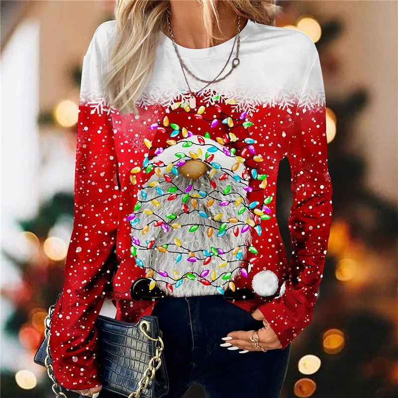 Autumn Winter Santa Claus Pattern Women Fashion T-Shirts Long Sleeve 3d Printed Street Ladies Christmas Tee 3XL Plus Size Tops