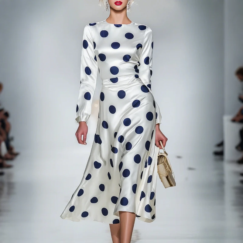 Modigirl Abito da donna in raso vintage a pois 2026 Primavera elegante retrò sottile formale da sera per feste Abiti midi alla moda