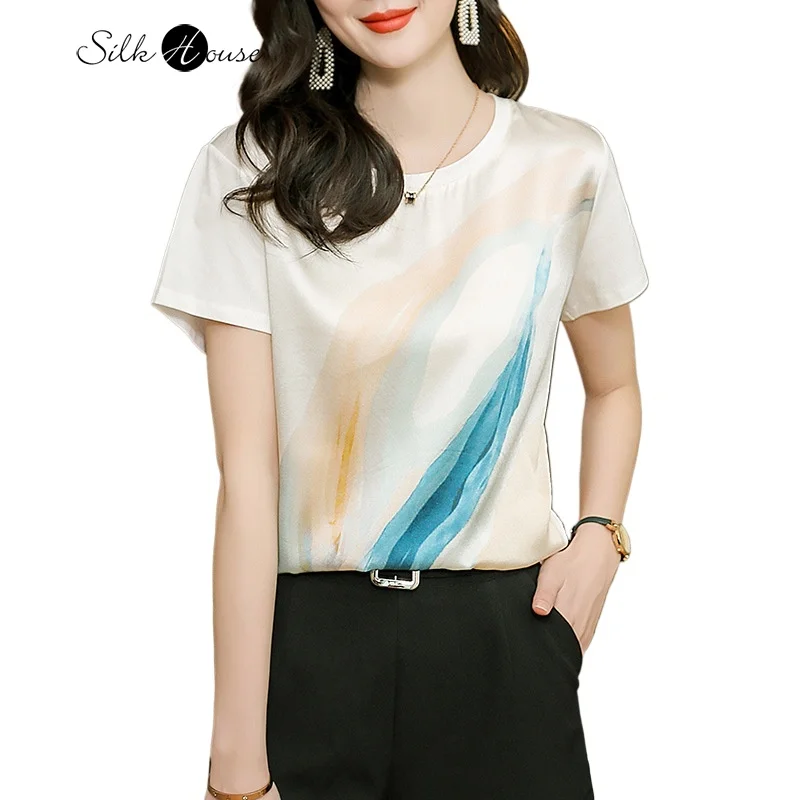 

2026 Women's Spring/Summer Fashion Printed Natural Mulberry Silk Splicing Cotton Casual Loose Round Neck Short Sleeve T-shirt