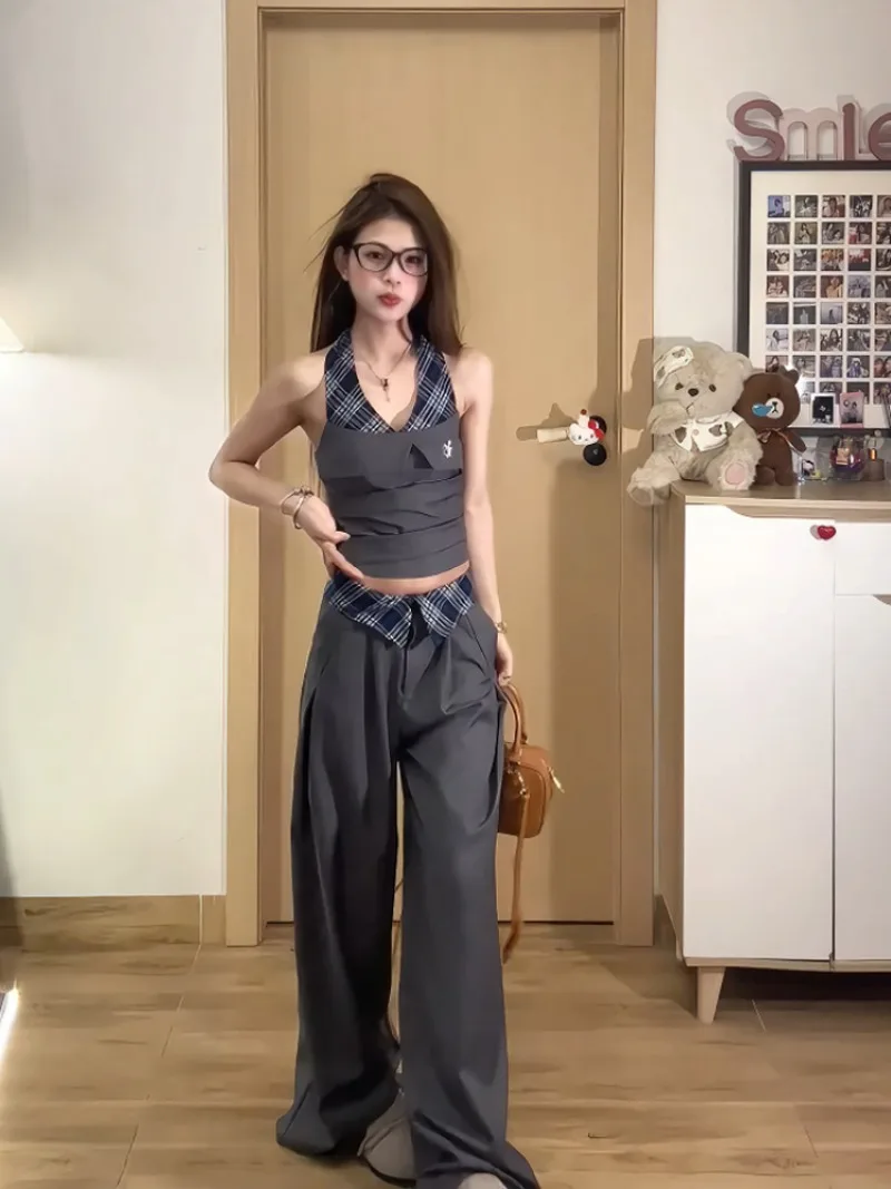 

American Retro Suit Women's Summer Plaid Halter Neck Tank Top High Waist Wide Leg Pants Two-piece Set Fashion Female Clothes