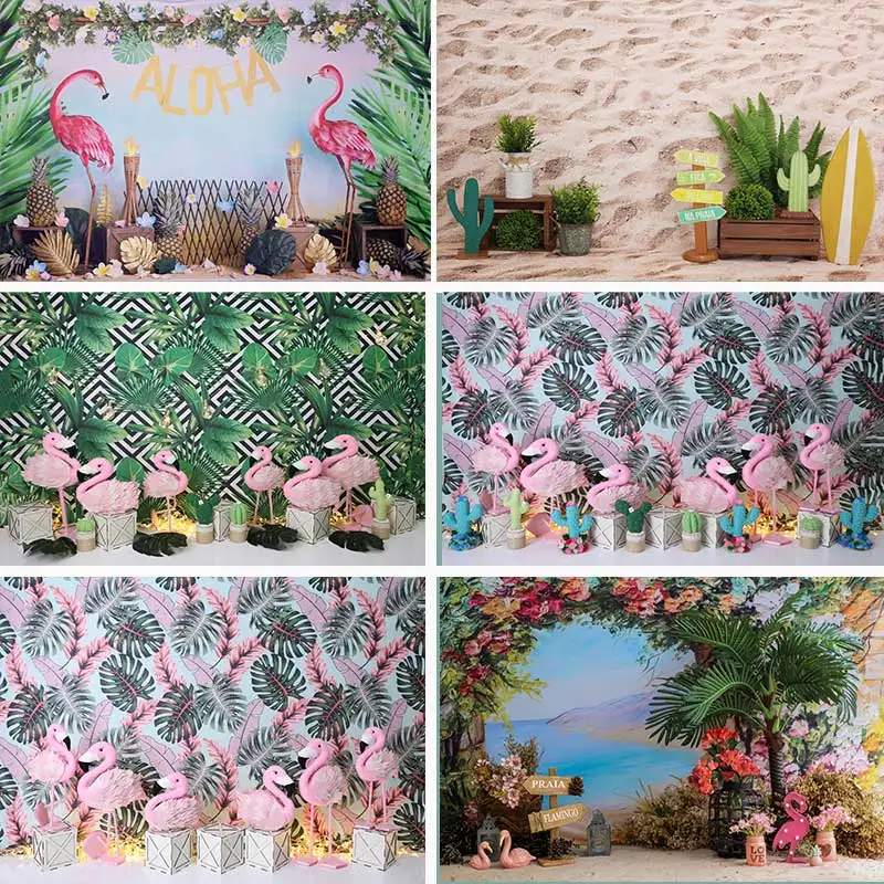 Aloha Flamingo Birds Party Backdrops Children Kids Birthday Photography Cake Smash Green Plants Background Photo Shoot Studio