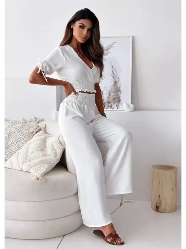 

Spring Summer New Women's Clothing Solid Color Sexy V-neck Short Cut Waist Top With Tie Up Five Quarter Sleeve Pants Set