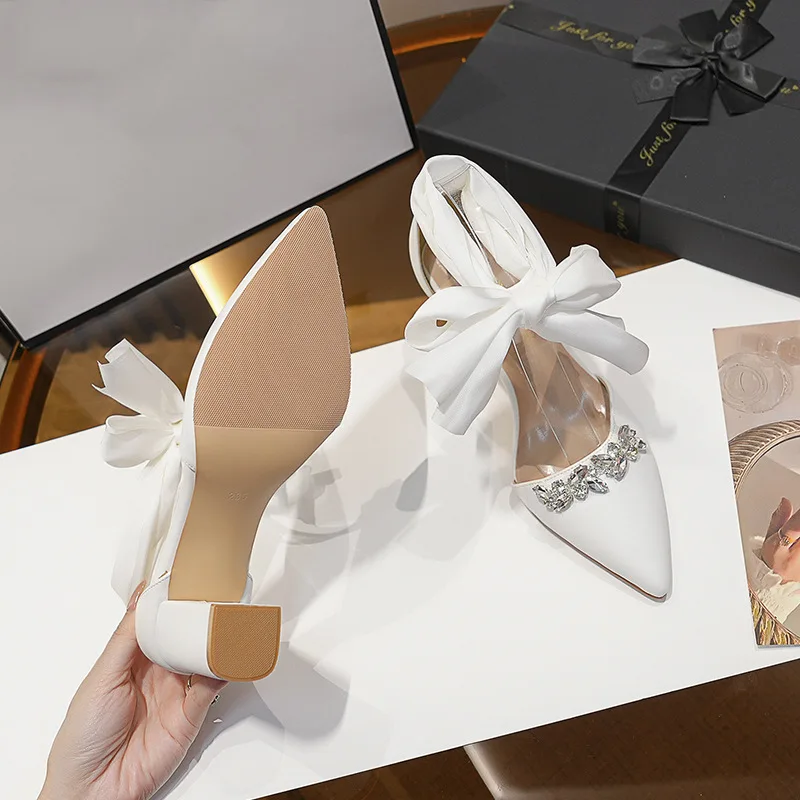 Chunky Heel Pointed Toe Hollow Out Rhinestone Bow Strap Wedding Bridal Party Shoes