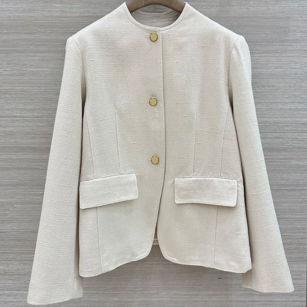 High Quality Women Round Collar Jacket Gold Chain Trim Outerwear Solid Textured Blazer lyt26101961
