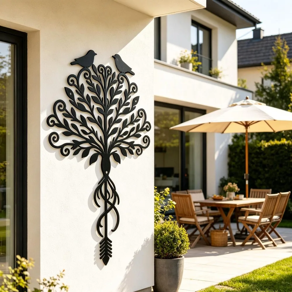 Tree of Life Metal Wall Art, 2D Flat Laser Cut Bird & Arrow Root Silhouette Wall Sculpture, Boho Farmhouse Style