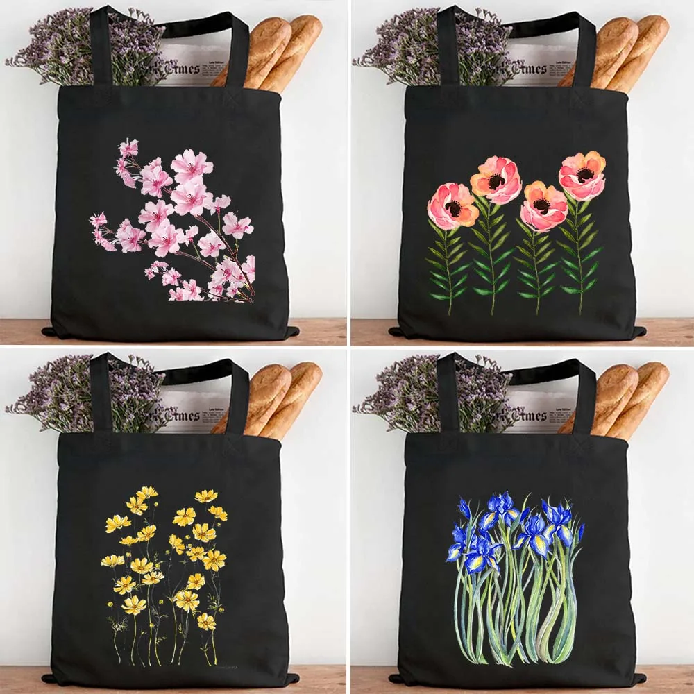 Cute Cornflower Iris Lavender Cosmos Pink Yellow Flower Poppy Daisy Sakura Lilac Womens Canvas Shopper Tote Bag Shopping Handbag