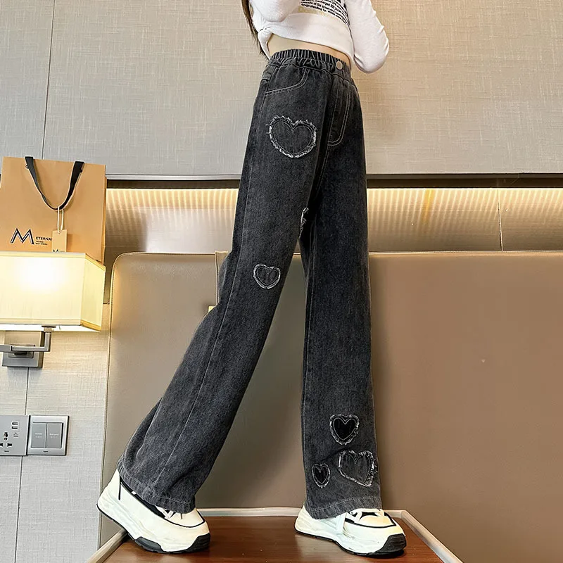 2024 Spring Autumn Girls Love Rough Edges Jean Korean Version Style Kids Middle Waist Cowboy Pants Elastic Waist Long Pants