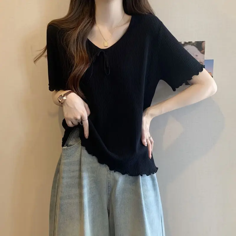 Spring Summer New Pure Color Women Slimming Tops Age-reducing Rope-tied Ribbed Short-sleeve T-shirt